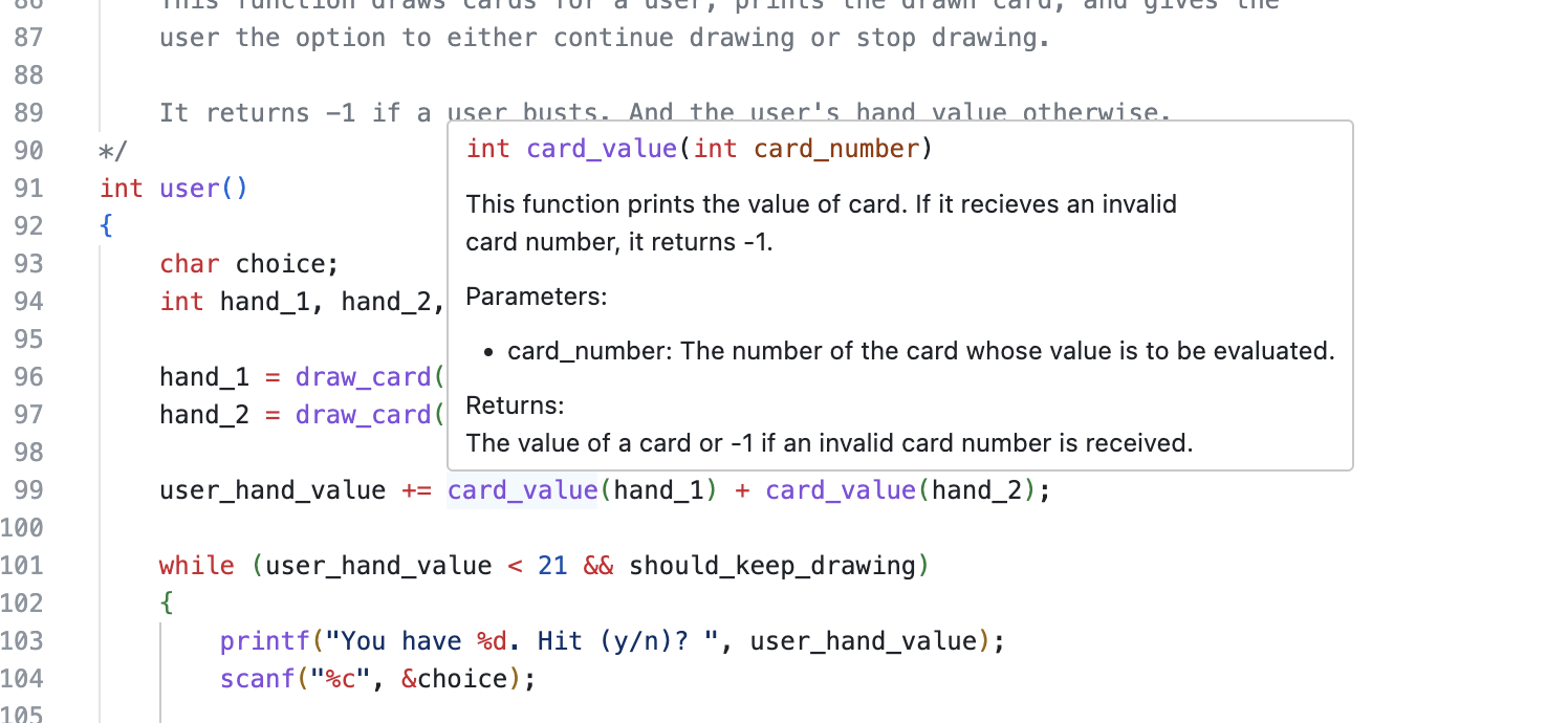 A tooltip that is displayed when you hover over a function that has a function documentation.